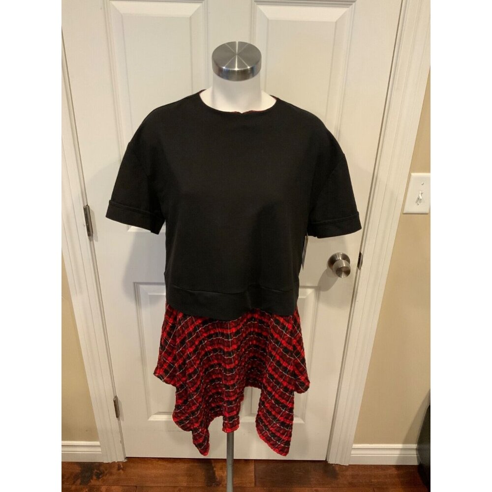 Zara Black & Red Plaid Mini Short Sleeve Trapeze Dress, Size S